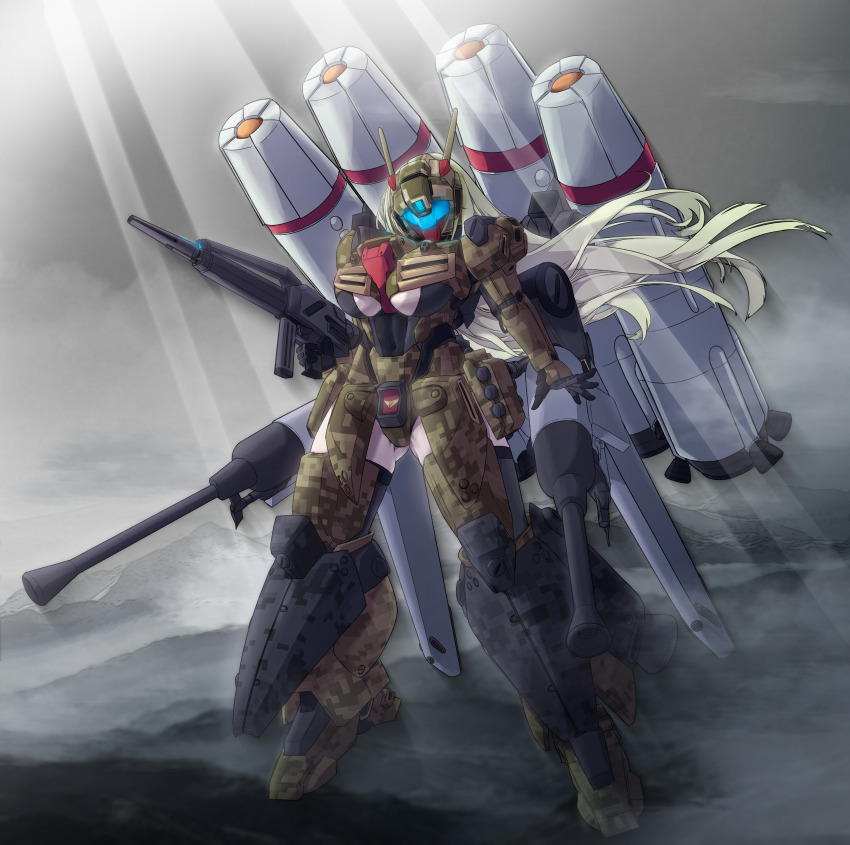 1girl absurdres antennae armor autocannon banshee_(last_origin) beam_rifle breasts camouflage cannon catastrophe_(catastroph13797) clothing_cutout crossover energy_gun green_hair groin groin_tendon gun gundam gundam_battle_operation_2 gundam_unicorn hair_between_eyes helm helmet highres holding holding_gun holding_weapon huge_breasts last_origin light_rays long_hair looking_at_viewer mecha_musume missile mountain overcast power_armor prototype_stark_jegan science_fiction sky solo standing thighs thrusters underboob underboob_cutout vernier_thrusters weapon
