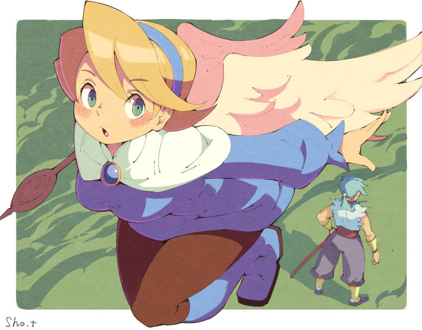 1boy 1girl artist_name black_footwear black_leggings blonde_hair blue_brooch blue_dress blue_footwear blue_hair blue_hairband blush bracer breath_of_fire breath_of_fire_iv cloak cloud dress feathered_wings flying from_behind green_eyes hair_rings hairband hand_on_own_hip highres holding holding_staff holding_sword holding_weapon leggings long_sleeves looking_at_viewer nina_(breath_of_fire_iv) parted_lips ponytail red_sash ryu_(breath_of_fire_iv) sash shirt sho.t single_hair_ring sleeveless staff surprised sword weapon white_cloak white_shirt wings