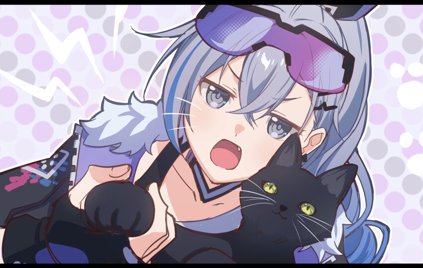 1girl absurdres animal animal_ears animal_nose black-framed_eyewear black_border black_cat black_gloves black_jacket black_ribbon blue_hair border cat cat_ears collarbone commentary_request crossed_bangs drill_hair drill_ponytail earclip elio_(honkai:_star_rail) fang fingerless_gloves fingernails fur-trimmed_jacket fur_trim gloves goggles goggles_on_head gradient_hair green_eyes grey_eyes hair_between_eyes hair_ornament hair_ribbon hairclip half-closed_eyes high_ponytail highres holding honkai:_star_rail honkai_(series) jacket lightning_bolt_symbol long_sleeves looking_at_viewer multicolored_hair open_clothes open_jacket open_mouth pink-tinted_eyewear polka_dot polka_dot_background ponytail purple-tinted_eyewear purple_background purple_jacket ribbon silver_wolf_(honkai:_star_rail) tank_top tinted_eyewear two-sided_fabric two-sided_jacket upper_body v-shaped_eyebrows white_tank_top zassyoku_dd