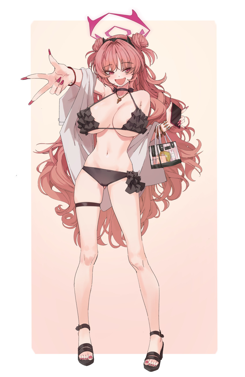 1girl absurdres alternate_costume bikini black_bikini black_choker black_horns blue_archive breasts choker cleavage commentary_request double_bun fake_horns fingernails frilled_bikini frills full_body hair_bun halo highres horns jewelry kirara_(blue_archive) large_breasts long_fingernails long_hair looking_at_viewer nail_polish navel necklace pink_eyes pink_hair pink_halo red_nails sandals solo standing swimsuit td_(tandeom97) thighs transparent_bag very_long_hair w
