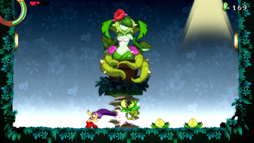 2girls attack breasts flower game highres jump monster_girl multiple_girls navel plant_girl purple_hair rose shantae shantae_(series) shantae_and_the_seven_sirens thorns water_lily_siren
