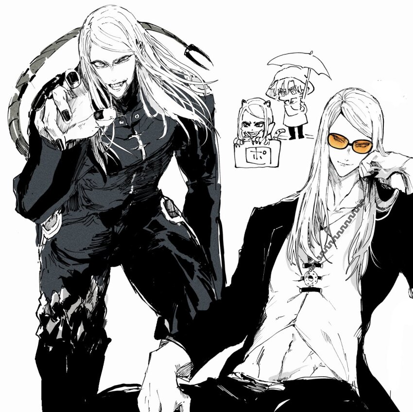 2boys armor black_armor black_coat coat daybit_sem_void fate/grand_order fate_(series) highres iriya_(lonesome) long_hair multiple_boys sitting sunglasses tezcatlipoca_(fate) tezcatlipoca_(second_ascension)_(fate)