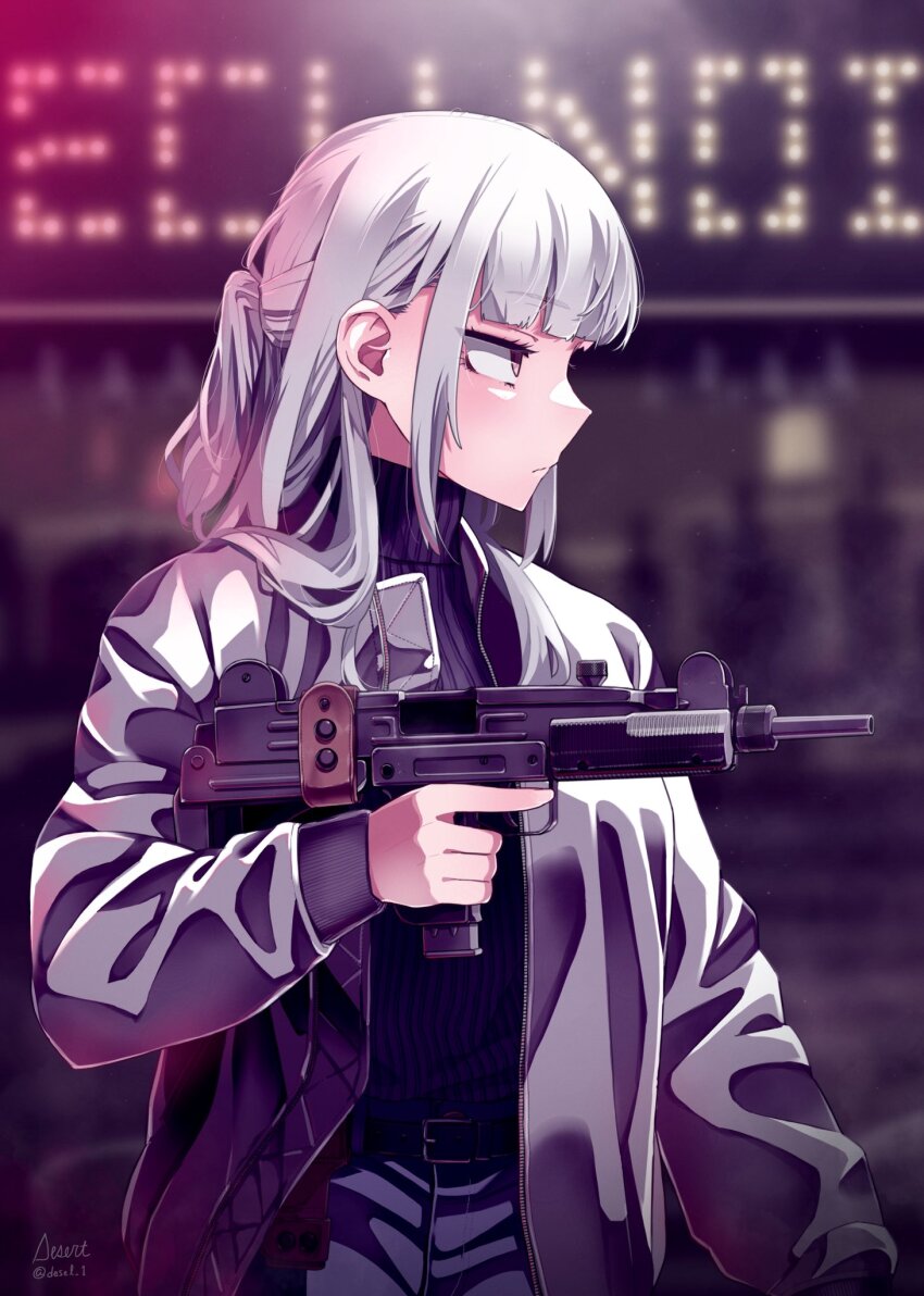 1girl artist_name belt black_pants black_sweater blurry blurry_background closed_mouth commentary_request desert_(desel_1) expressionless grey_jacket gun highres holding holding_gun holding_weapon jacket long_hair open_clothes open_jacket original pants solo submachine_gun sweater trigger_discipline turtleneck turtleneck_sweater upper_body uzi weapon white_hair