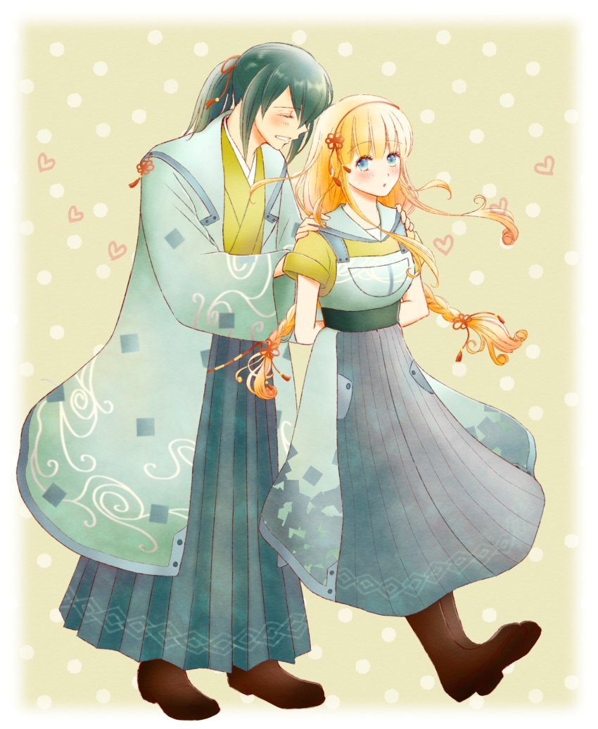 1boy 1girl :o alternate_costume alternate_hairstyle azu_rin_go blonde_hair blue_eyes blue_hakama blue_haori blue_overalls blunt_bangs blush bokujou_monogatari bokujou_monogatari:_mittsu_no_sato_no_taisetsuna_tomodachi boots border braid brown_boots chinese_knot closed_eyes double-parted_bangs full_body green_background green_hair green_kimono green_shirt grin hair_between_eyes hair_ribbon hairband hakama hands_on_another&#039;s_shoulders haori happy heart highres japanese_clothes kimono knee_boots long_hair long_skirt looking_back low_twin_braids nanami_(bokujou_monogatari) overalls pleated_skirt polka_dot polka_dot_background ponytail red_hairband red_ribbon ribbon sailor_collar shirt short_sleeves sidelocks skirt sleeves_rolled_up smile standing surprised twin_braids very_long_hair white_border yuzuki_(bokujou_monogatari)