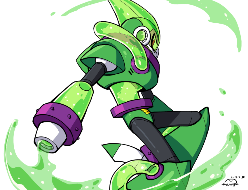 1boy acid acid_man android arm_cannon armcannon armor bodysuit breastplate commentary_request feet_out_of_frame green_armor green_headwear green_liquid joints liquid male_focus mask mega_man_(classic) mega_man_(series) mega_man_11 mouth_mask red_eyes robot robot_joints shoulder_armor simple_background solo solo_focus transparent vambraces weapon wenyu white_background