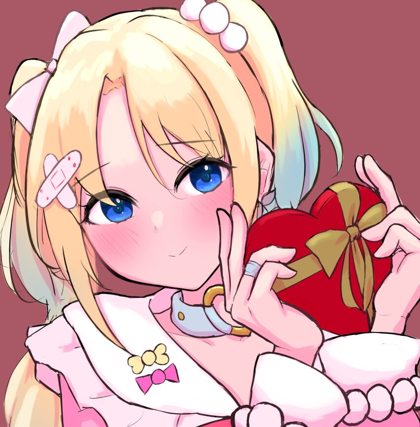 1girl absurdres blonde_hair blue_choker blue_eyes blue_hair blush bow box brown_background choker closed_mouth collarbone commentary dress frilled_sailor_collar frills gift gradient_hair hair_bobbles hair_bow hair_ornament hakuchu_a_la_mode heart heart-shaped_box heart_o-ring heart_ring_choker highres holding holding_gift link!_like!_love_live! long_hair long_sleeves love_live! multicolored_hair o-ring o-ring_choker osawa_rurino parted_bangs pink_bow pink_dress portrait sailor_collar simadaburyu simple_background smile solo twintails virtual_youtuber white_sailor_collar
