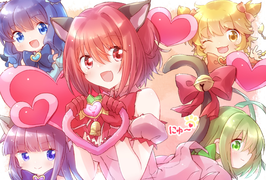 5girls absurdres aizawa_mint animal_ears aqua_dress bare_shoulders blonde_hair blue_bow blue_eyes blue_hair blush bow breasts cat_ears cat_girl cat_tail cleavage closed_mouth double_bun dress fong_pudding fujiwara_zakuro gloves green_bow green_eyes green_hair hair_bun heart highres holding holding_weapon long_hair looking_at_viewer medium_breasts mew_ichigo mew_lettuce mew_mint mew_pudding mew_zakuro midorikawa_lettuce momomiya_ichigo multiple_girls nyaa_(nnekoron) open_mouth pink_dress pink_eyes pink_hair purple_bow purple_eyes purple_hair red_bow short_hair simple_background smile strapless strapless_dress strawbell_bell tail thigh_strap tokyo_mew_mew tokyo_mew_mew_new twintails v weapon white_background wolf_ears wolf_girl yellow_bow yellow_eyes