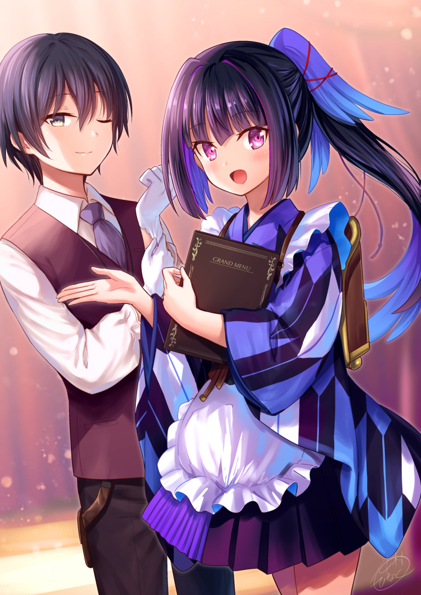 1boy 1girl :d ;) adjusting_clothes adjusting_gloves black_hair black_pants black_skirt blue_hair brown_eyes brown_vest closed_mouth collared_shirt gloves gradient_hair hair_between_eyes hair_intakes highres holding holding_menu japanese_clothes karasuba_(prima_doll) kimono long_sleeves looking_at_viewer maid menu multicolored_hair nakamura_hinato necktie one_eye_closed open_mouth pants pleated_skirt ponytail prima_doll purple_eyes purple_hair purple_kimono purple_necktie shirt signature skirt smile tohma_nagi two-tone_hair vest wa_maid waitress white_gloves white_shirt wide_sleeves yagasuri