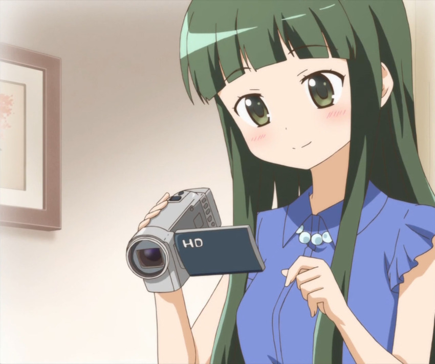 10s 1girl anime_screenshot camcorder digital_camera female_focus gradient_background green_eyes green_hair kin-iro_mosaic long_hair matching_hair/eyes oomiya_isami solo stitched third-party_edit video_camera
