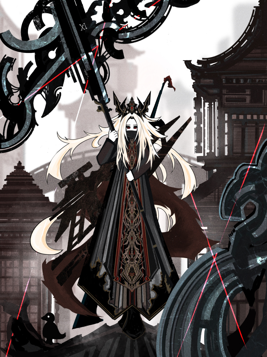 1girl absurdres bird blonde_hair covered_mouth crown glint highres holding holding_weapon huge_weapon looking_at_viewer on_roof original red_eyes riz_kira roman_numeral solo standing tabard weapon