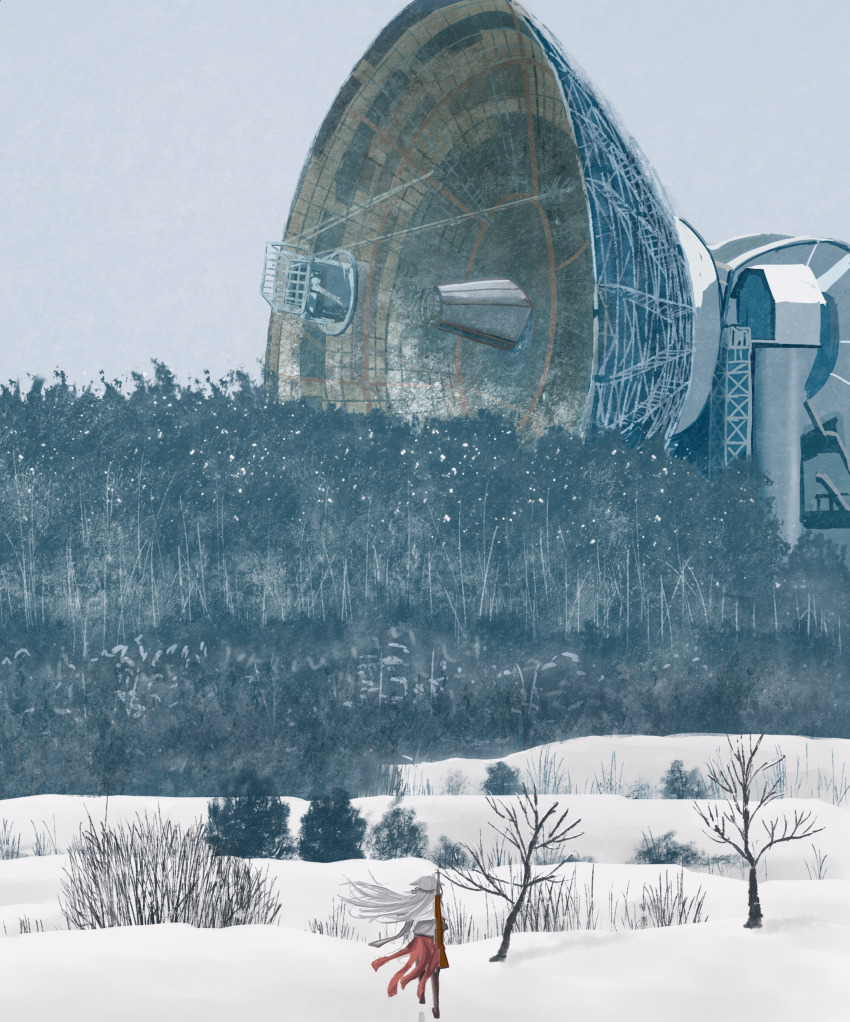 1girl absurdres callsign:_cedar dress footprints forest from_behind gun gun_on_back highres nature observatory radar_dish red_dress rifle scenery sks sky snow solo soviet_deep_space_network tree user_kwsg8278 weapon weapon_on_back white_hair