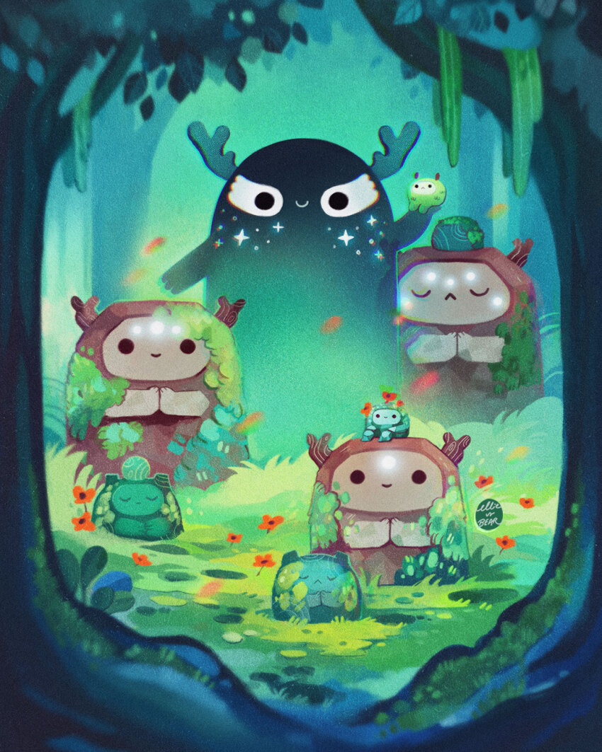 antlers artist_name closed_eyes creature day ellievsbear flower forest grass highres holding horns looking_at_viewer moss nature on_grass original outdoors overgrown plant praying see-through_body signature sitting spirit tree