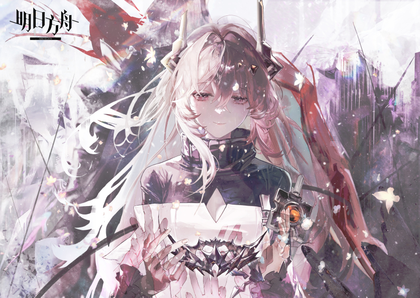 1boy 1girl 1other absurdres arknights black_shirt breasts chinese_commentary cleavage cleavage_cutout clothing_cutout commentary_request crown hair_between_eyes hair_intakes hands_up headgear highres jin_sumire logo long_hair looking_at_viewer pink_eyes pink_hair pov pov_hands shirt small_breasts solo_focus theresa_(arknights) theresis_(arknights) upper_body very_long_hair