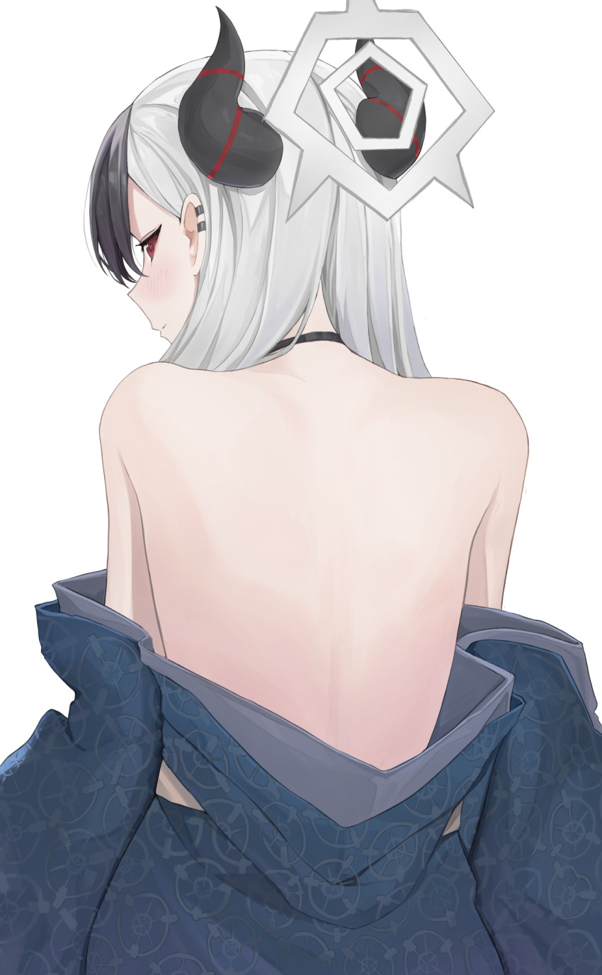 1girl back bare_shoulders black_choker black_hair black_horns blue_archive blue_kimono blush choker closed_mouth commentary_request demon_horns ear_piercing eru_(aeeu2243) grey_hair halo highres horns japanese_clothes kayoko_(blue_archive) kayoko_(new_year)_(blue_archive) kimono long_hair looking_at_viewer looking_back official_alternate_costume official_alternate_hairstyle piercing red_eyes simple_background solo undressing white_background
