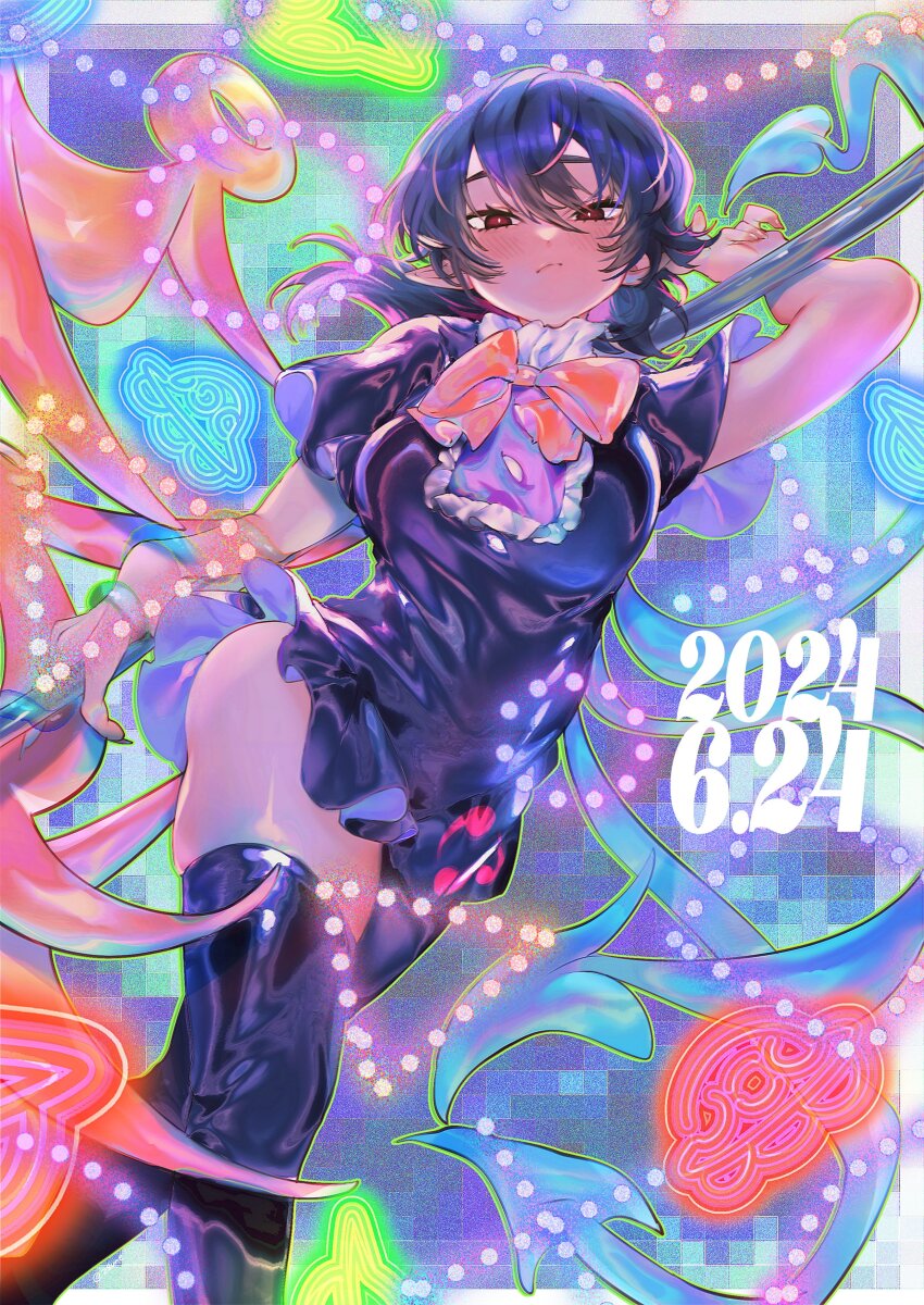 1girl absurdres asymmetrical_wings black_dress black_hair black_thighhighs blue_wings bow bowtie breasts center_frills closed_mouth dress frills highres houjuu_nue nue_day pointy_ears polearm red_bow red_bowtie red_eyes red_wings short_dress short_hair short_sleeves small_breasts solo thighhighs touhou weapon wings yamazaki_tsukune