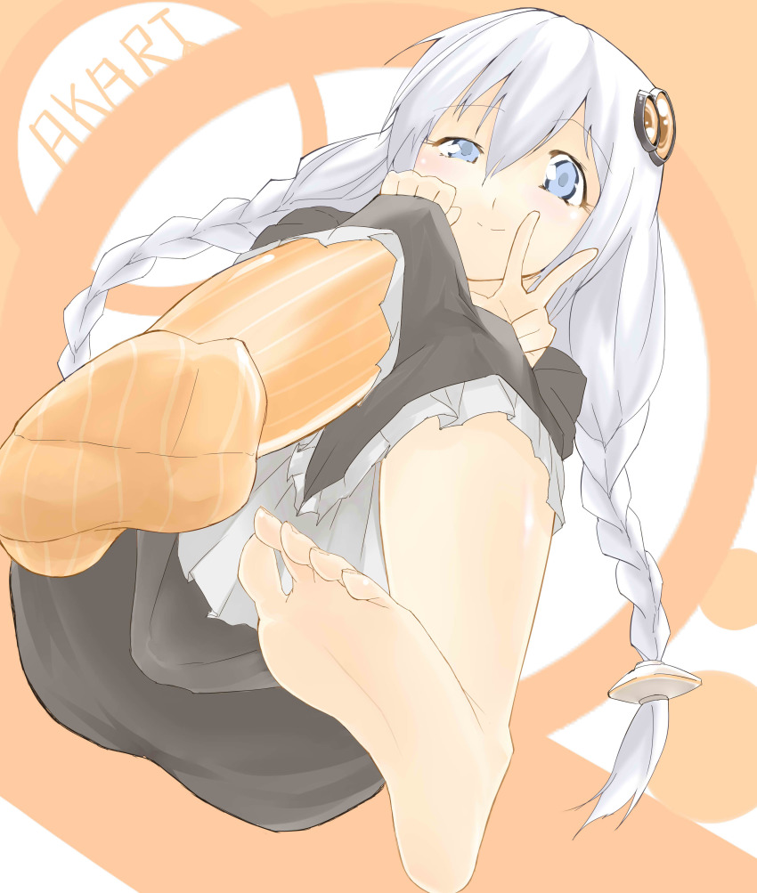 1girl absurdres barefoot blue_eyes blush character_request feet foot_focus highres ju_yorimoto looking_at_viewer simple_background smile sock socks soles toes twintails unworn_socks white_hair