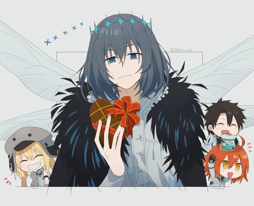 2boys 2girls artoria_caster_(fate) artoria_caster_(first_ascension)_(fate) artoria_pendragon_(fate) black_gloves black_hair blonde_hair blue_eyes box bug closed_mouth commentary_request fate/grand_order fate_(series) fujimaru_ritsuka_(female) fujimaru_ritsuka_(male) gift gloves grey_gloves grey_hat grin hair_between_eyes hat heart-shaped_box highres holding holding_gift insect insect_wings kokiya long_sleeves male_focus moth multiple_boys multiple_girls oberon_(fate) oberon_(third_ascension)_(fate) orange_eyes red_hair smile solo_focus sweat wings