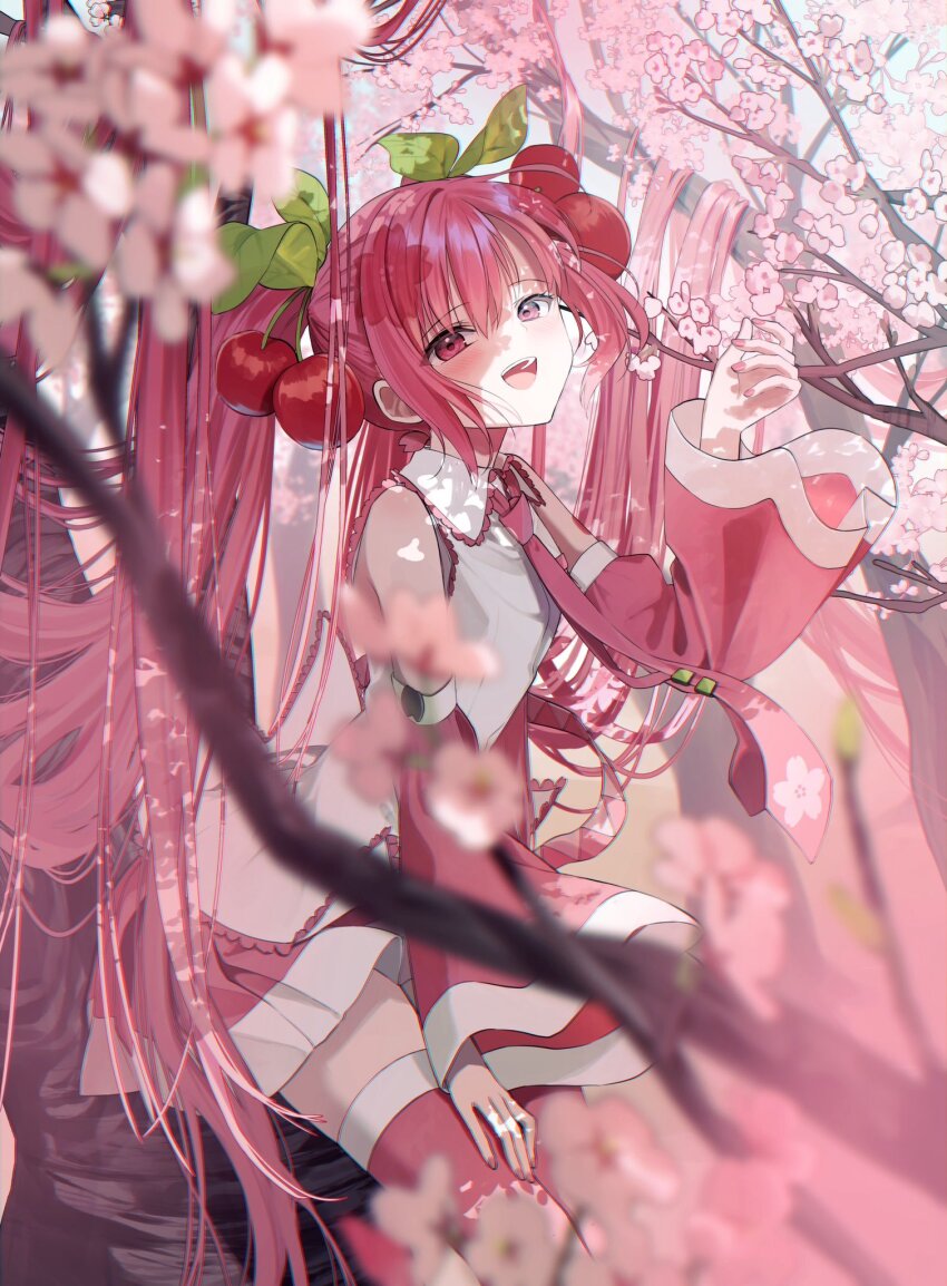 1girl :d bare_shoulders blurry blurry_foreground blush branch cherry_hair_ornament collared_shirt commentary_request day depth_of_field flower food-themed_hair_ornament hair_between_eyes hair_ornament hand_up hatsune_miku highres in_tree long_hair long_sleeves looking_at_viewer nail_polish necktie open_mouth outdoors pentagon_(railgun_ky1206) pink_eyes pink_flower pink_hair pink_nails pink_necktie pink_skirt pink_sleeves pink_thighhighs pleated_skirt sakura_miku shirt skirt sleeveless sleeveless_shirt smile solo thighhighs tie_clip tree twintails very_long_hair vocaloid white_shirt wide_sleeves