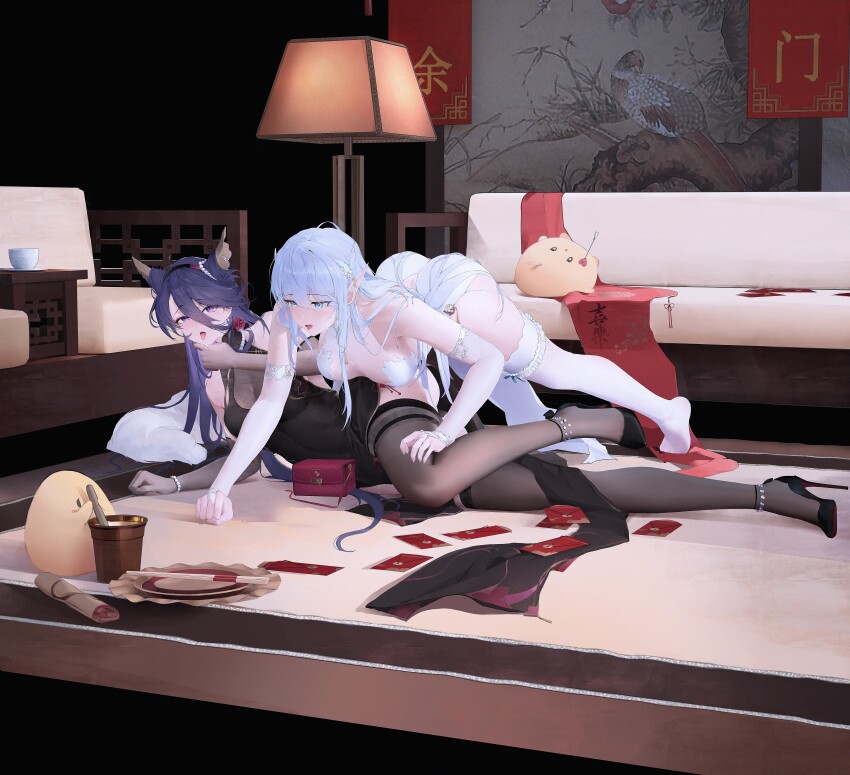 2girls absurdres albion_(a_fairy-tale_breakfast)_(azur_lane) albion_(azur_lane) ass awljdojao azur_lane black_gloves black_shoes black_thighhighs blue_eyes breasts bridal_gauntlets chi_an_(azur_lane) chi_an_(lanternlit_stroll)_(azur_lane) chinese_commentary chinese_text cleavage commentary cone_hair_bun double_bun elbow_gloves flower full_body gloves hair_between_eyes hair_bun high_heels highres indoors large_breasts long_hair looking_at_viewer manjuu_(azur_lane) multiple_girls official_alternate_costume pointy_ears purple_hair red_eyes red_flower red_rose rose see-through_cleavage see-through_clothes shoes sideless_outfit stiletto_heels thighhighs very_long_hair white_gloves white_thighhighs