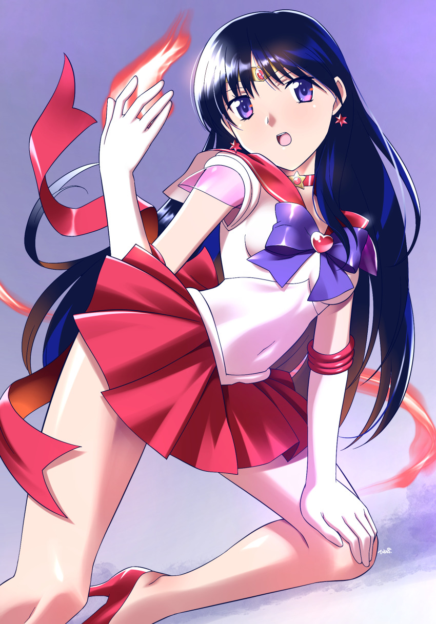 1girl bishoujo_senshi_sailor_moon black_hair blue_bow blue_eyes bow breasts choker circlet covered_navel earrings elbow_gloves fire gloves hand_on_own_knee hand_up high_heels highres himehachi_(hime8manga) hino_rei jewelry long_hair magical_girl medium_breasts open_mouth pyrokinesis red_choker red_sailor_collar red_shoes sailor_collar sailor_mars sailor_senshi_uniform shirt shoes sleeveless sleeveless_shirt solo star_(symbol) star_choker super_sailor_mars teeth upper_teeth_only very_long_hair white_gloves white_shirt