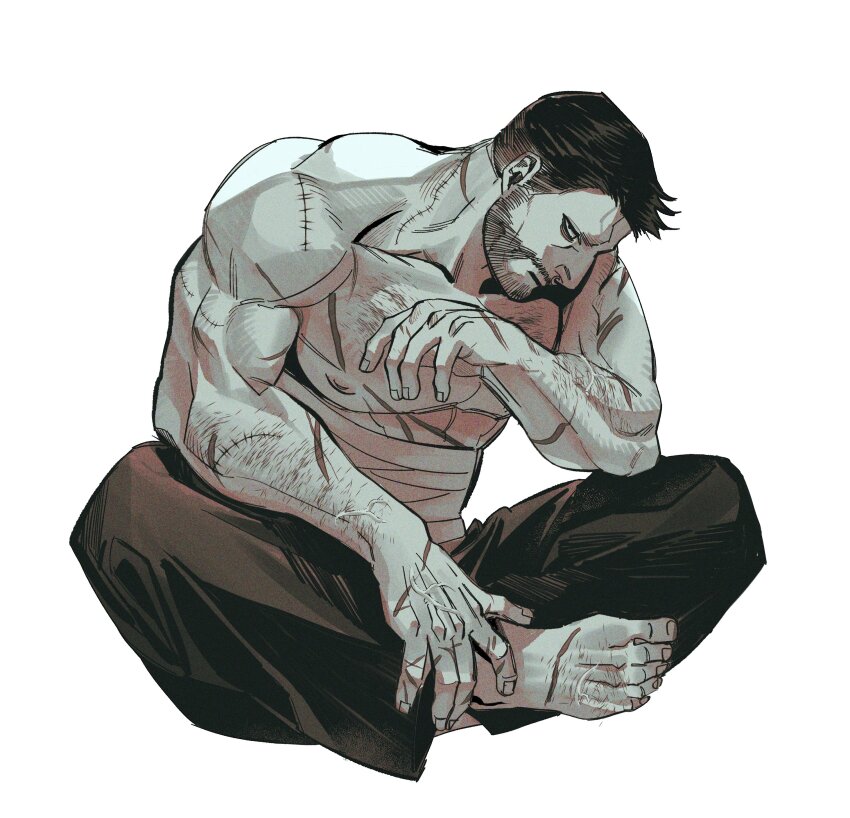 1boy absurdres bara beard_stubble facial_hair foot_hair full_body fuxkedup893 hairy highres large_pectorals looking_at_viewer male_focus mature_male multiple_scars muscular muscular_male nipples original pectorals scar shirt short_hair sideways_glance sitting solo stitches stubble thick_eyebrows topless_male tsurime veins veiny_feet veiny_hands white_shirt