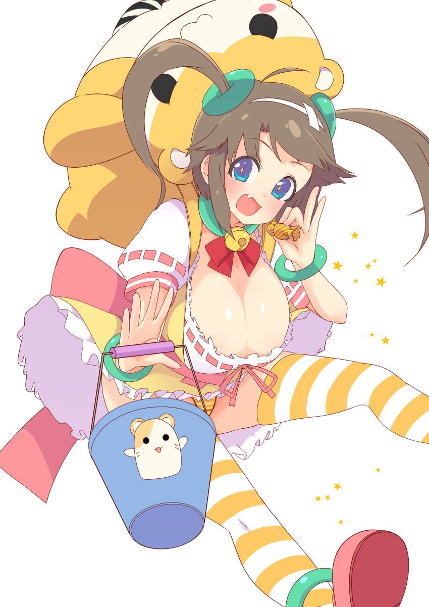 1girl :d absurdres animal_bag anklet backpack bad_id bad_pixiv_id bag bell blue_eyes blush bow bracelet breasts brown_hair bucket candy choker cleavage dress fang female_focus food frilled_dress frills green_anklet green_choker hair_between_eyes hair_ornament hairband hamster highres jewelry large_bow large_breasts looking_at_viewer medium_hair minori_(senran_kagura) open_mouth panties pink_bow pink_ribbon pink_shoes red_ribbon ribbon senran_kagura shoes short_sleeves short_twintails shortstack simple_background smile solo star_(symbol) striped_clothes striped_panties striped_thighhighs thighhighs twintails underwear user_hxrh4525 white_background white_hairband white_sleeves wide_sleeves yellow_dress yellow_pupils yellow_stripe