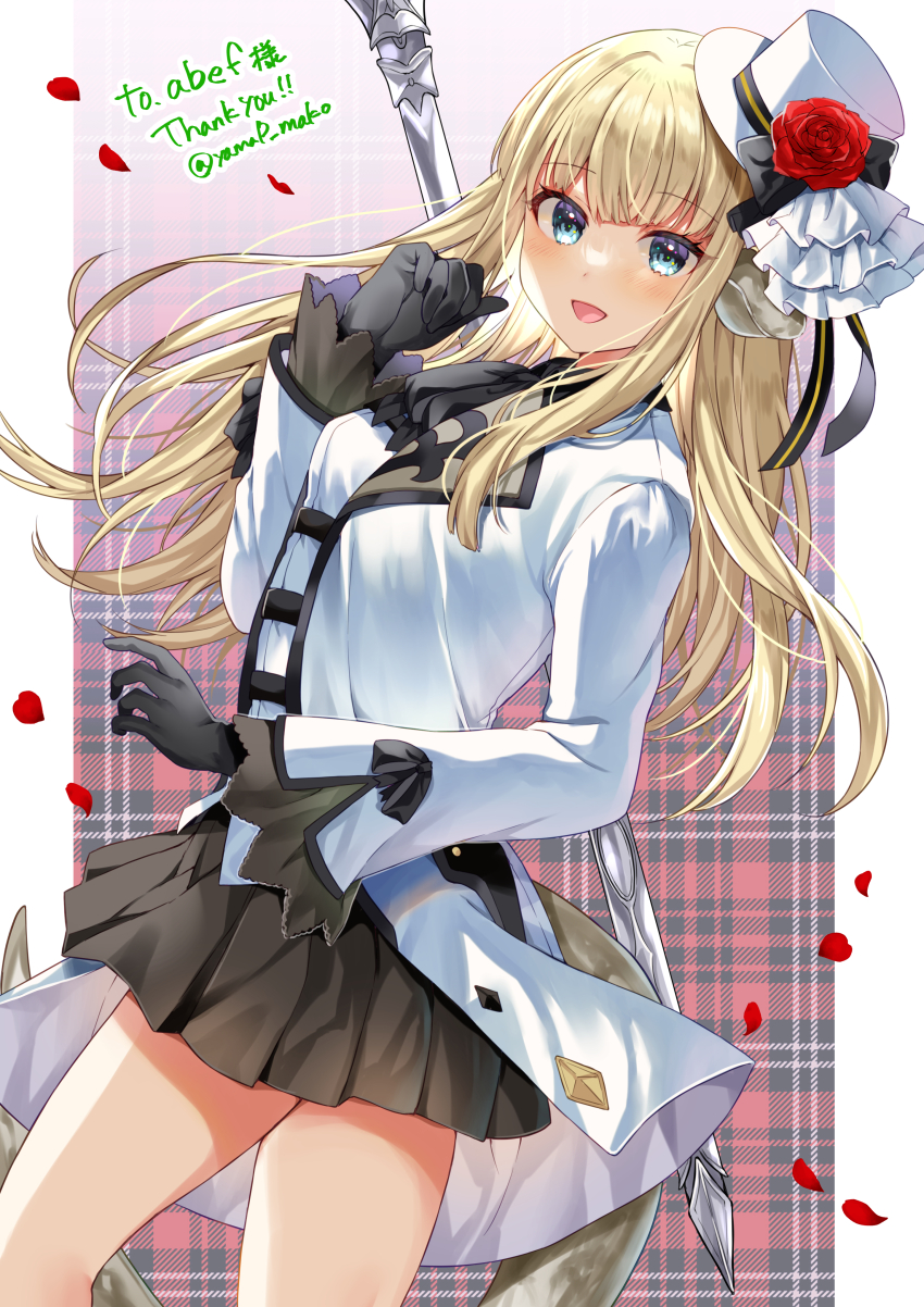 1girl absurdres au_ra black_gloves black_skirt blush breasts coat commentary_request commission commissioner_name dragon_girl dragon_tail falling_petals final_fantasy final_fantasy_xiv flower gloves hand_up hat hat_flower hat_ornament highres horns long_hair long_sleeves looking_at_viewer open_clothes open_coat open_mouth petals red_flower red_rose rose shirt skeb_commission skirt smile solo tail thank_you thighs twitter_username warrior_of_light_(ff14) weapon white_coat white_hat white_shirt yam_(yamap_mako)