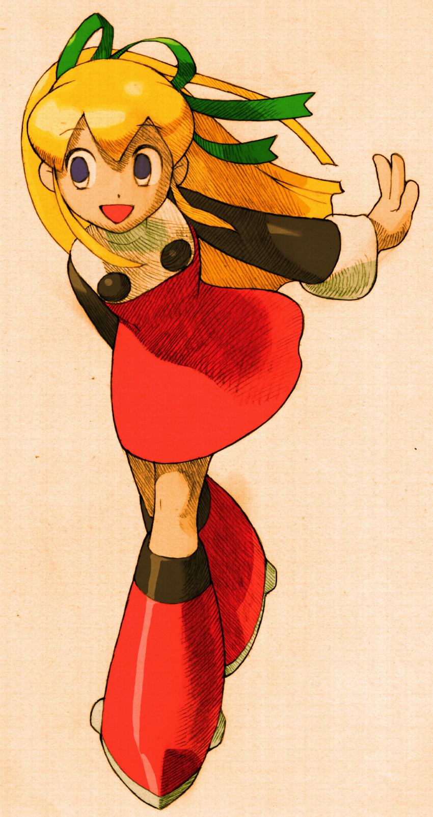 1girl android bengus blonde_hair blue_eyes boots dress full_body green_ribbon hair_ribbon highres knee_boots long_hair long_sleeves marvel_vs._capcom marvel_vs._capcom_2 mechanical_boots mechanical_legs mega_man_(classic) mega_man_(series) non-web_source official_art open_mouth ponytail red_boots red_dress red_skirt ribbon robot_girl roll_(mega_man) simple_background skirt smile solo