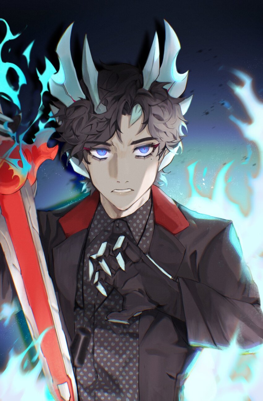 1boy adapted_costume aura black_gloves black_hair black_jacket black_shirt blue_eyes blue_fire bone bone_armor dragon dragon_boy dragon_horns fire gloves highres holding holding_sword holding_weapon horns jacket kaenken_rekka kamen_rider kamen_rider_saber kamen_rider_saber_(series) kamen_rider_saber_primitive_dragon_brave_dragon male_focus meowq shirt solo sword tokusatsu weapon
