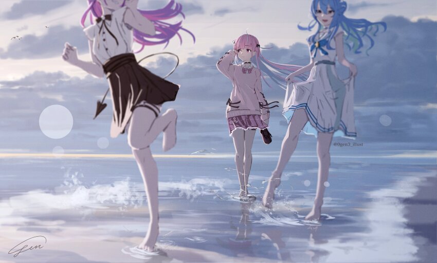 0gen3_illust 3girls absurdres ahoge bare_legs barefoot beach bird black_choker black_ribbon black_skirt blue_bow blue_bowtie blue_hair blue_streaks blue_trim blurry bokeh bow bowtie choker clothes_lift cloud cloudy_sky colored_inner_hair commentary demon_tail depth_of_field dress dress_ribbon dress_shirt hair_between_eyes hair_bun hand_up hashtag-only_commentary head_out_of_frame highres holding_shoe hololive horizon hoshimachi_suisei hoshimachi_suisei_(school_uniform) jirai_kei long_hair long_sleeves looking_to_the_side minato_aqua minato_aqua_(school_uniform) multicolored_hair multiple_girls neck_ribbon o-ring o-ring_choker ocean official_alternate_costume official_alternate_hairstyle outdoors pink_bow pink_bowtie pink_eyes pink_hair pink_skirt pink_sweater plaid_bow plaid_bowtie plaid_clothes plaid_skirt pleated_dress pleated_skirt purple_hair purple_skirt ribbon sailor_collar sailor_dress school_uniform shirt signature single_side_bun skirt skirt_hold skirt_lift sky sleeveless sleeveless_shirt smile standing standing_on_liquid startend_(hololive) streaked_hair sweater tail thigh_strap tokoyami_towa tokoyami_towa_(jirai_kei) twitter_username two-tone_hair unworn_shoes virtual_youtuber white_dress white_sailor_collar white_shirt