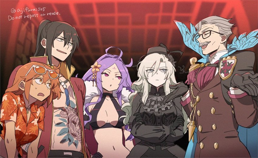 2boys 3girls :d anime_coloring asaya_minoru black-framed_eyewear black_dress black_gloves black_hair blurry blurry_background breasts brown_eyes brown_hair brown_jacket brown_shirt character_request cleavage collared_shirt crossed_arms depth_of_field dress dress_shirt english_text eyewear_on_head facial_hair facial_mark fate/grand_order fate_(series) floral_print forehead_mark fujimaru_ritsuka_(female) glasses gloves green_eyes grey_eyes grey_hair hair_between_eyes hand_on_own_hip hands_up hawaiian_shirt jacket james_moriarty_(archer)_(fate) kriemhild_(fate) kriemhild_(first_ascension)_(fate) long_hair long_sleeves medium_breasts multiple_boys multiple_girls mustache navel one_side_up open_mouth orange-tinted_eyewear parted_bangs ponytail print_shirt purple_eyes purple_hair shirt smile sunglasses tied_shirt tinted_eyewear twitter_username very_long_hair white-framed_eyewear white_shirt wu_zetian_(fate) wu_zetian_(swimsuit_caster)_(fate) wu_zetian_(swimsuit_caster)_(third_ascension)_(fate) yan_qing_(fate) yan_qing_(training_wear)_(fate)