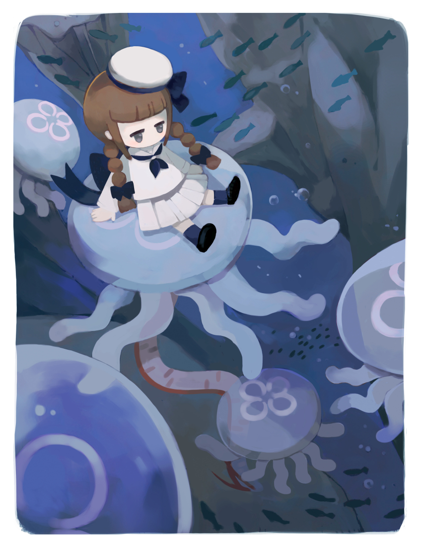 1girl absurdres blue_neckerchief border braid brown_hair fish funamusea hat highres jellyfish jitome long_hair neckerchief oarfish ocean oounabara_to_wadanohara pleated_skirt riding riding_animal shirt skirt solo twin_braids tz_(maomituanzi) wadanohara white_border white_hat white_shirt white_skirt