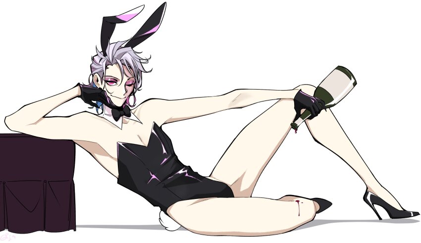 1boy alternate_costume alternate_hairstyle animal_ears bishounen black_bow black_bowtie black_gloves black_leotard blue_hair bottle bow bowtie commentary crossdressing crossdressing_(mtf) detached_collar dripping english_commentary eyelashes eyeshadow gavis_bettel gigglepox gloves grey_hair hair_between_eyes hair_slicked_back high_heels highres holding holding_bottle holostars holostars_english knee_up leaning_back leotard looking_at_viewer makeup male_focus male_playboy_bunny multicolored_hair one_eye_closed pink_eyes pink_eyeshadow pink_hair playboy_bunny protected_link rabbit_ears rabbit_tail shiny_clothes short_hair simple_background sitting smile solo tail virtual_youtuber white_background