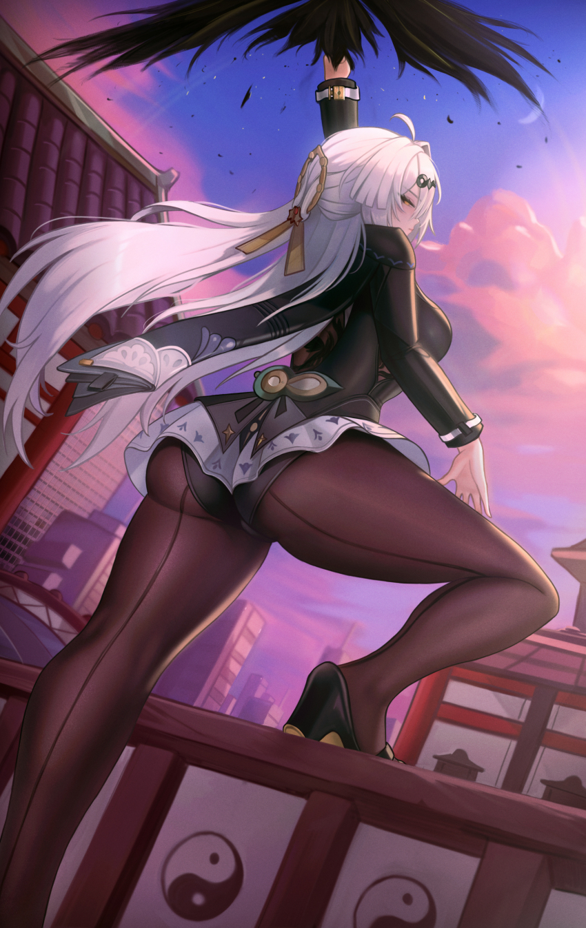 1girl absurdres arm_up ass black_panties black_pantyhose black_shoes commentary commission foot_up from_behind hair_between_eyes highres long_hair long_sleeves looking_at_viewer looking_back outdoors panties pantyhose puppnet seamed_legwear shoes solo underwear very_long_hair white_hair yellow_eyes yin_yang yixuan_(trails_of_ink)_(zenless_zone_zero) yixuan_(zenless_zone_zero) zenless_zone_zero