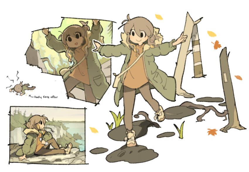1girl black_eyes coat highres mountain multiple_views nature original sitting smile temmie_chang temmie_chang_(character) walking