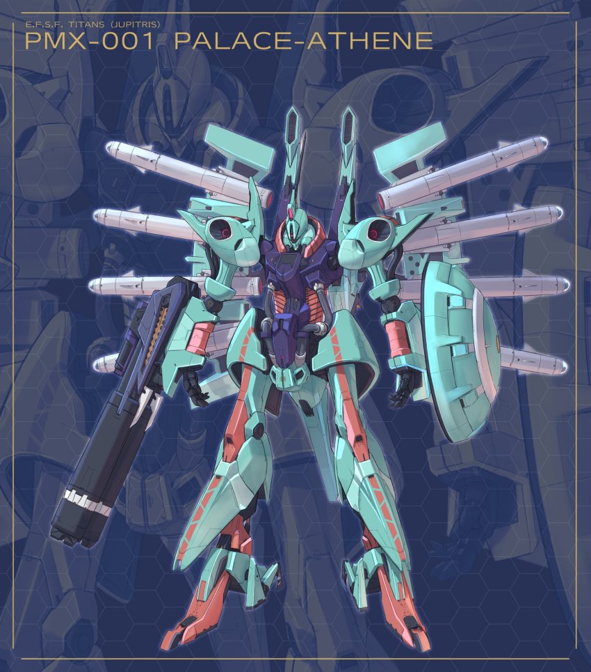 arm_cannon character_name gundam highres looking_down mecha mobile_suit no_humans nori_(arara105) one-eyed open_hands palace_athene pink_eyes robot science_fiction shield solo weapon zeta_gundam zoom_layer