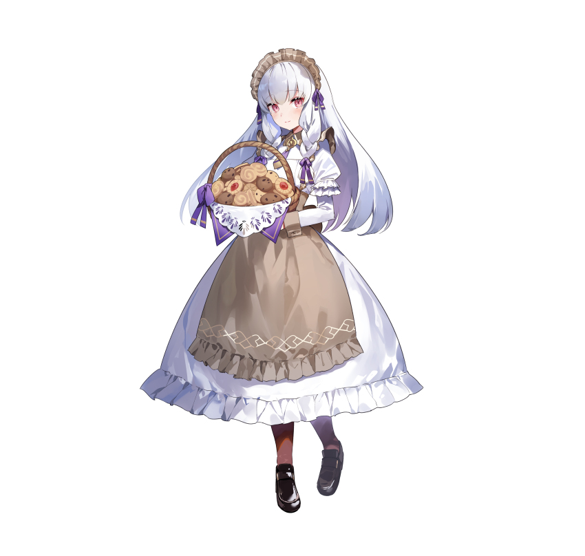 1girl absurdres alternate_costume amagasa_yun apron basket blush braid closed_mouth commentary_request cookie dress fire_emblem fire_emblem:_three_houses fire_emblem_heroes food frills full_body hair_ornament highres holding holding_basket long_hair long_skirt long_sleeves looking_at_viewer lysithea_von_ordelia lysithea_von_ordelia_(tea_party) maid maid_headdress nintendo official_art pantyhose puffy_sleeves red_eyes shoes simple_background skirt smile solo twin_braids white_background wrist_cuffs