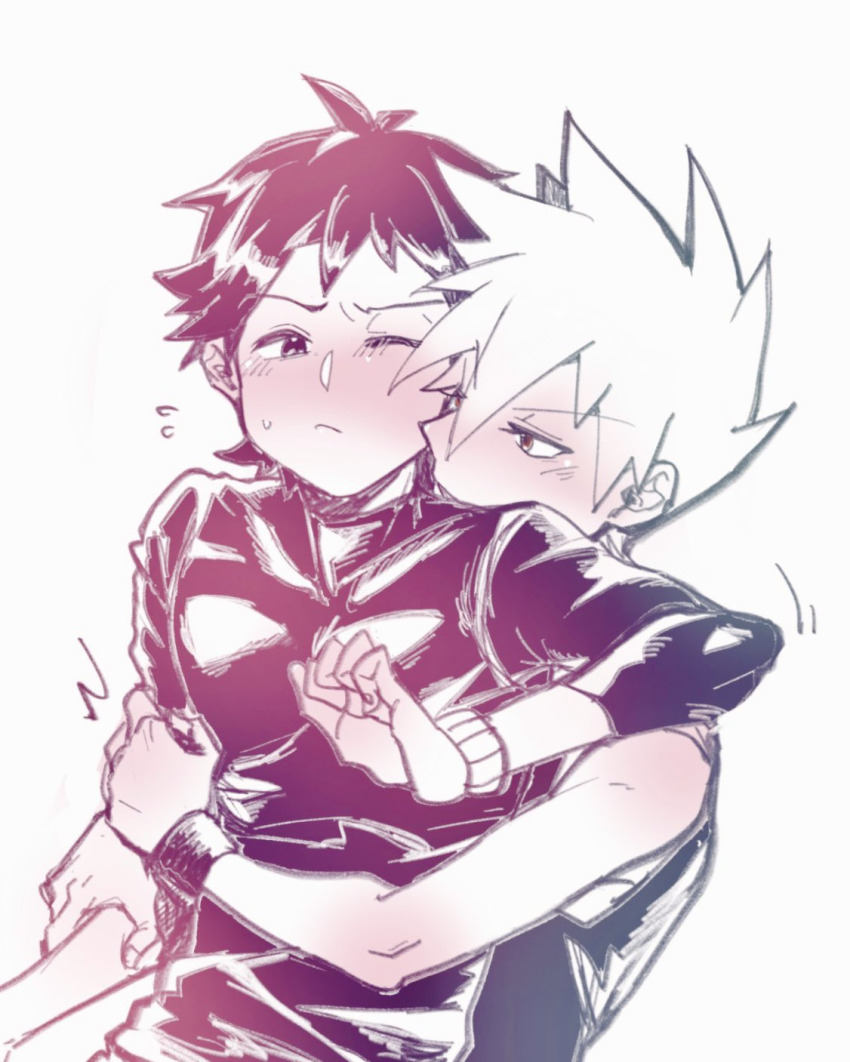2boys blue_oak blush ca_pkmn highres hug multiple_boys one_eye_closed orange_eyes red_(pokemon) sleeveless yaoi