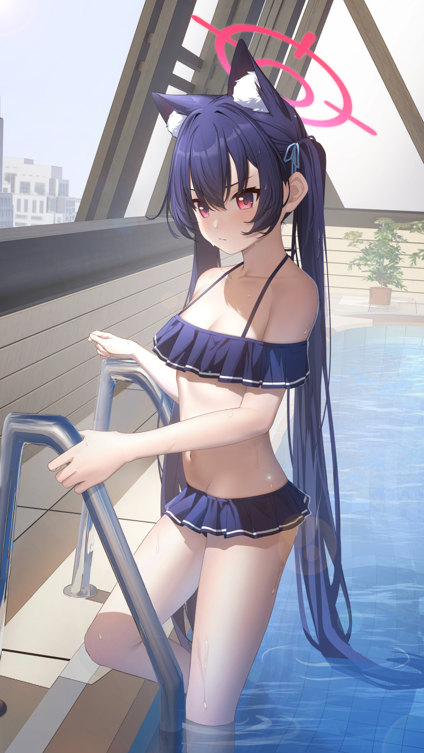 1girl 3d absurdres animal_ear_fluff animal_ears bare_shoulders bikini black_bikini black_hair blue_archive blue_ribbon blush cat_ears cat_girl closed_mouth frilled_bikini frills hair_between_eyes hair_ribbon hgoo highres long_hair looking_at_viewer navel partially_submerged pool red_eyes rei_no_pool ribbon serika_(blue_archive) serika_(swimsuit)_(blue_archive) sidelocks solo stomach swimsuit twintails wet