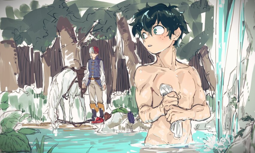 2nd_popularity_poll_(boku_no_hero_academia) abs bath bathing blush boku_no_hero_academia bones_(company) boots burn_scar cascade cleaning_rag clothed_male_nude_male clothes_pull completely_nude curly_hair drinking forest freckles green_eyes green_hair groin hero highres horse ika_mkai jacket lake leaf looking_at_another looking_back medieval midoriya_izuku multicolored_hair muscular nature nervous nude outdoors pants prince red_hair rock scar short_hair shounen_jump todoroki_shouto tree two-tone_hair washing water wet white_hair yaoi