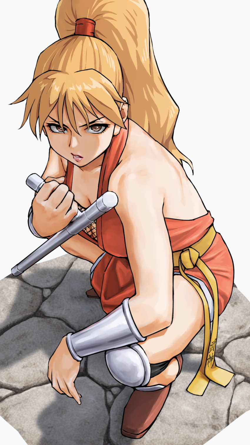 1girl bare_back bare_shoulders blonde_hair breasts brown_eyes cleavage final_fight final_fight_2 genryuusai_maki high_ponytail highres lips long_hair looking_at_viewer medium_breasts ninja ponytail serious sleeveless solo street_fighter x_chitch