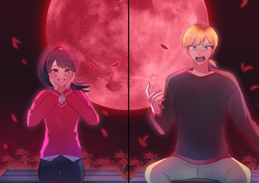 1boy 1girl absurdres black_hair blonde_hair digimon highres looking_at_viewer moon shibuya_aoi shinonome_kaito smile