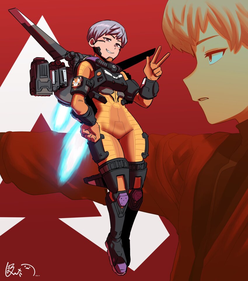 1girl animification apex_legends bodysuit closed_mouth full_body gloves grey_hair highres jetpack looking_at_viewer orange_bodysuit orange_gloves shiromanta short_hair smile solo v valkyrie_(apex_legends)