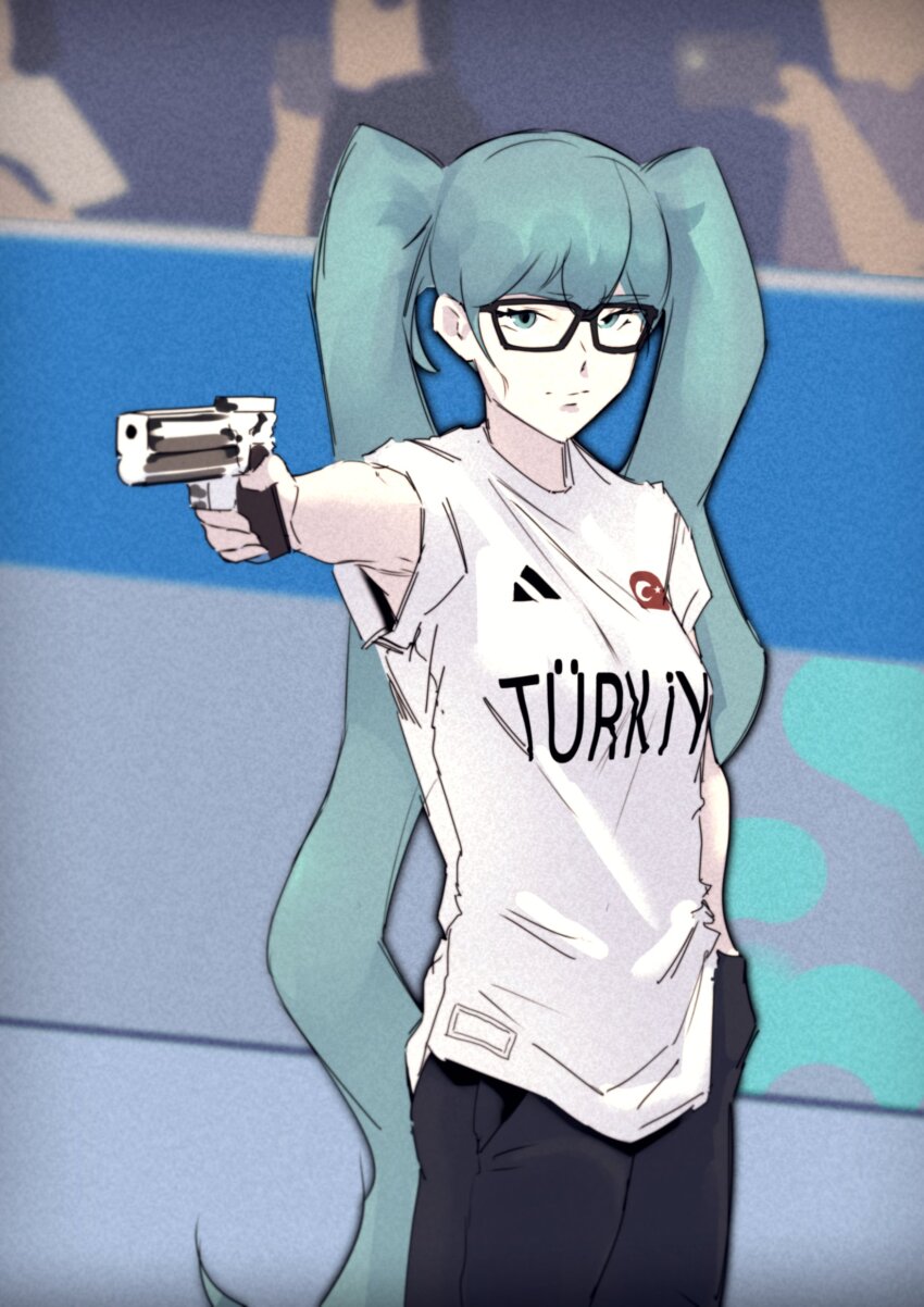 1girl 2024_summer_olympics absurdly_long_hair absurdres adidas aiming aqua_eyes aqua_hair arm_at_side black-framed_eyewear black_pants breasts closed_mouth clothes_writing commentary cosplay cowboy_shot crowd english_commentary glasses gun hand_in_pocket handgun hatsune_miku highres holding holding_gun holding_weapon indoors long_hair marcer olympics pants rectangular_eyewear shirt short_sleeves sidelocks small_breasts solo t-shirt translated turkey_(country) turkish_flag twintails very_long_hair vocaloid weapon white_shirt worldwide_miku yusuf_dikec yusuf_dikec_(cosplay) yusuf_dikec_(meme)