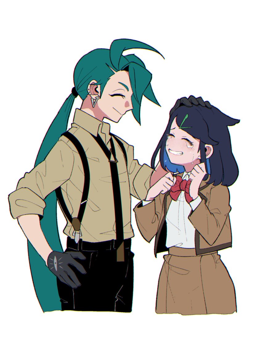2girls ^_^ ahoge androgynous black_gloves black_necktie black_pants blue_hair bow bowtie brown_jacket brown_skirt closed_eyes collared_shirt colored_inner_hair commentary cowboy_shot cropped_legs ear_piercing earrings gloves green_hair hair_ornament hairpin hand_on_another&#039;s_head hand_on_own_hip happy_tears headpat highres jacket jewelry liko_(pokemon) long_hair low_ponytail mogutory multicolored_hair multiple_girls necktie nintendo open_clothes open_jacket pants piercing pokemon pokemon_(anime) pokemon_horizons ponytail red_bow red_bowtie reverse_trap rika_(pokemon) shirt short_hair simple_background skirt smile suspenders swept_bangs tears triangle_earrings white_background white_shirt yellow_shirt