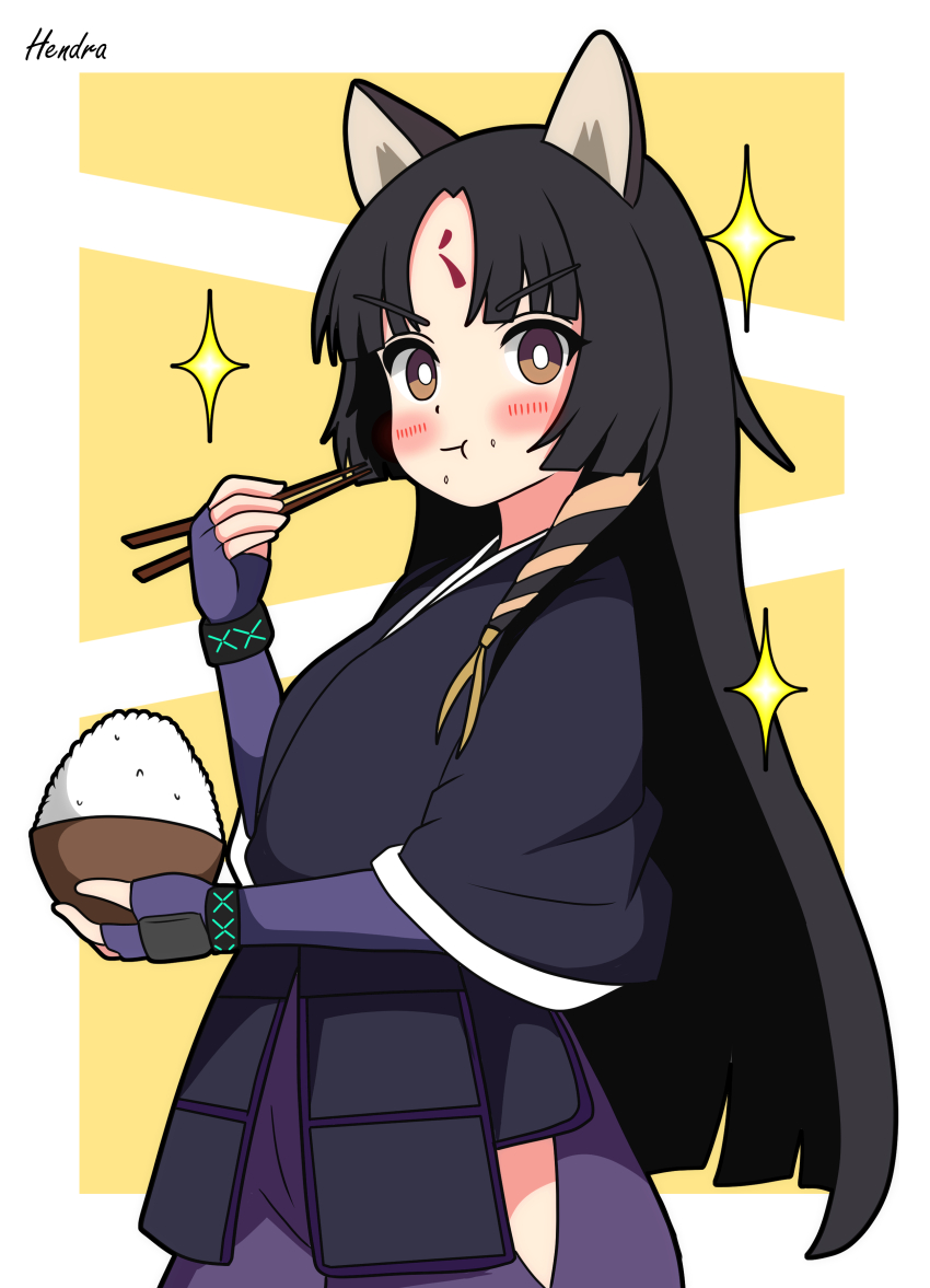 1girl :t absurdres animal_ears arknights artist_name black_hair black_jacket blue_gloves blush border bowl bright_pupils chopsticks commentary_request cowboy_shot dog_ears elbow_gloves facial_mark fingerless_gloves food food_on_face forehead_mark gloves hendra highres hip_vent holding holding_bowl holding_chopsticks infection_monitor_(arknights) jacket long_hair looking_at_viewer monk pants parted_bangs purple_pants rice saga_(arknights) simple_background solo white_background white_pupils yellow_background yellow_eyes