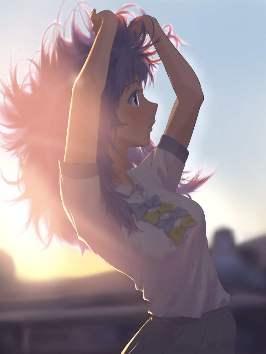1girl absurdres arms_up blue_bow blue_bowtie blue_eyes blue_hair blurry blurry_background blush bow bowtie evening from_side grey_skirt highres hyakusyo69 make_heroine_ga_oo_sugiru! medium_hair messy_hair outdoors parted_lips profile school_uniform shirt skirt sky solo summer_uniform sunset tsuwabuki_high_school_uniform white_shirt yanami_anna yellow_bow
