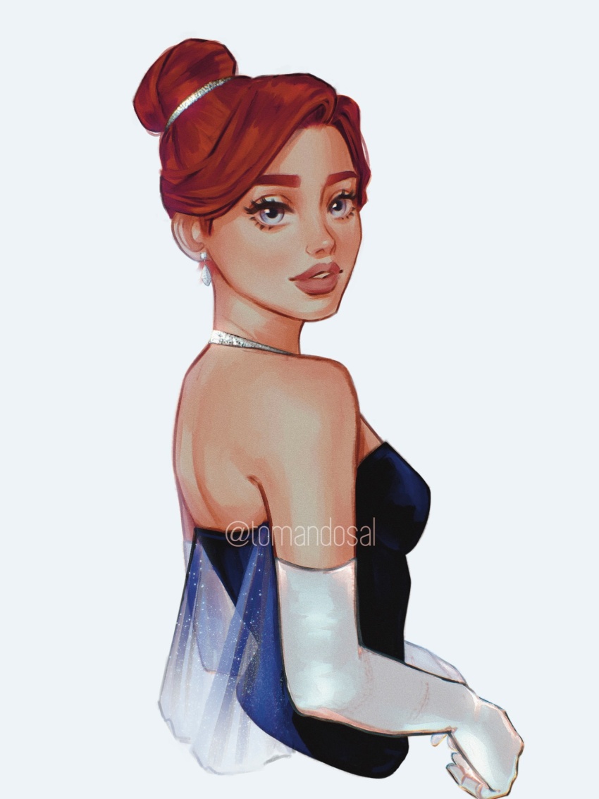 1girl anastasia_(1997) anya_(anastasia) blue_dress blue_eyes commentary cropped_torso dress earrings elbow_gloves gloves hair_bun highres jewelry leticia_bueno parted_lips pink_lips red_hair simple_background solo strapless strapless_dress twitter_username white_background white_gloves