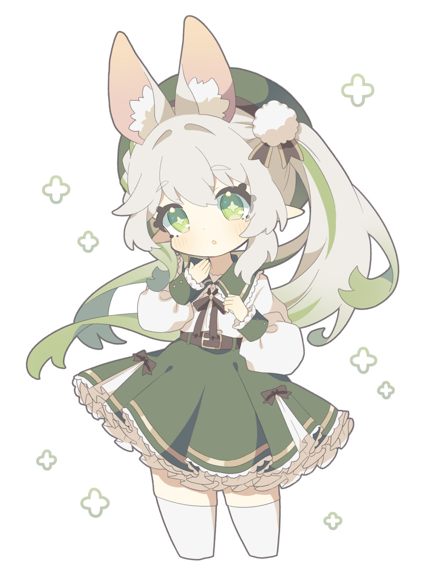 :o absurdres adapted_costume animal_ears beret cowboy_shot cross-shaped_pupils dress extra_ears fox_ears genshin_impact gradient_hair green_dress green_eyes green_hair green_hat grey_hair hat highres kemonomimi_mode komano_shia multicolored_hair nahida_(genshin_impact) pointy_ears side_ponytail simple_background solo symbol-shaped_pupils thighhighs white_hair white_thighhighs