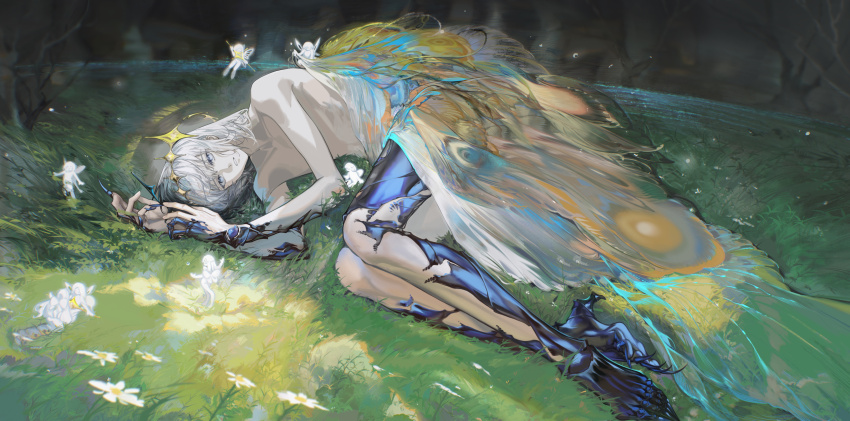 1boy absurdres arlizi arthropod_limbs bishounen black_hair blue_eyes blurry collarbone crown daisy_(flower) depth_of_field eyelashes fairy fairy_wings fate/grand_order fate_(series) flower full_body gradient_hair grass grey_hair hair_between_eyes highres insect_wings looking_up lying male_focus multicolored_hair nude oberon_(fate) oberon_(third_ascension)_(fate) on_side outdoors pale_skin parted_lips short_hair sideways solo_focus spoilers transformation wings